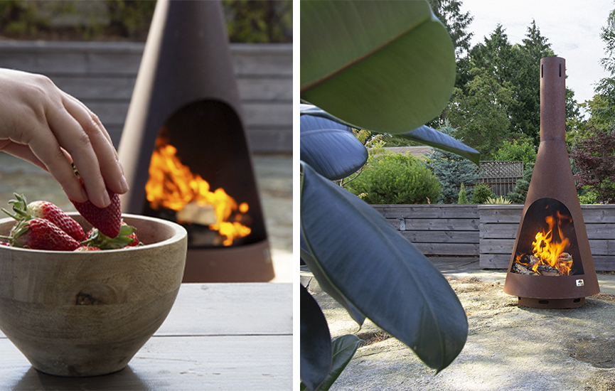 Jøtul Frøya Außenkamin aus Cortenstahl im Garten