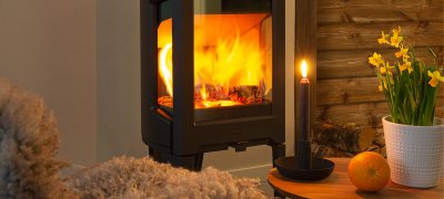Jøtul F 163 schwarzer Holzofen mit Narzissen in einer Kabine