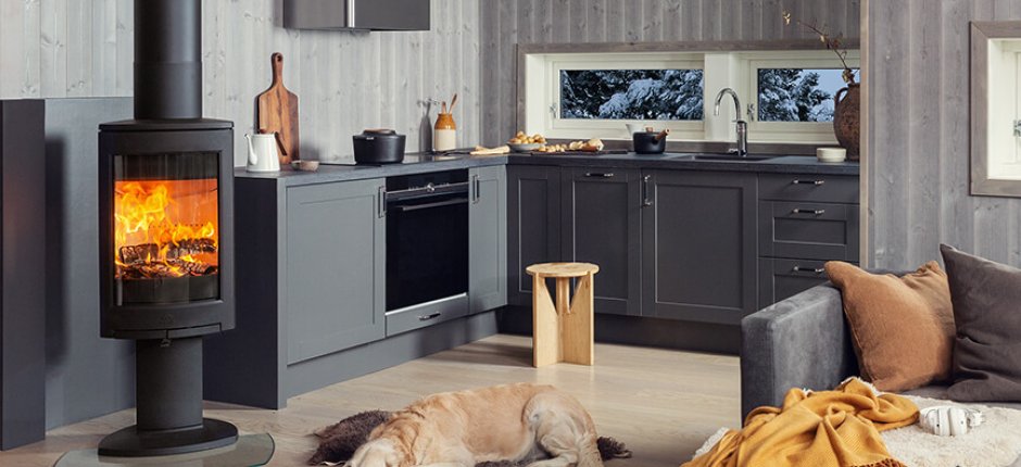 Jøtul F 373 Advance schwarzer Holzofen in der Küche mit Hund davor.